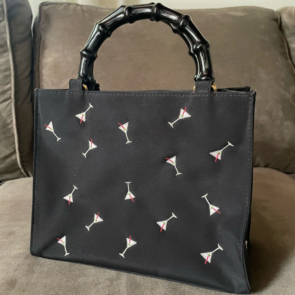 Vintage Black cocktail Purse with Embroidered Martini Glass Bamboo Handles